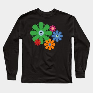 Happy Retro Flowers 60s 70s Smiley Face Vintage Floral Long Sleeve T-Shirt